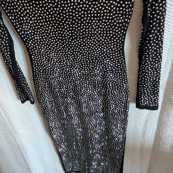 Banjul Black Rhinestone Beaded Long Sleeve Bedazzled Bodycon Midi Dress Medium - Picture 8 of 16